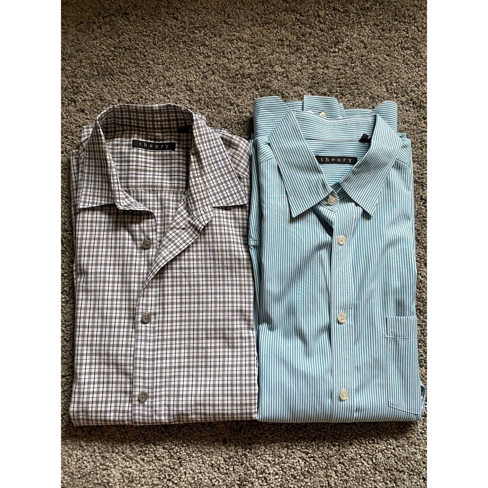 Theory lot of 2 button down shirts Large stripe & checkered‎ Cyan & Gray